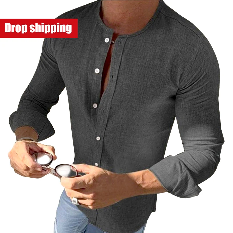 
Men stand collar linen cotton blend shirt made of linen blend fabric. Mandarin collar and long sleeves 