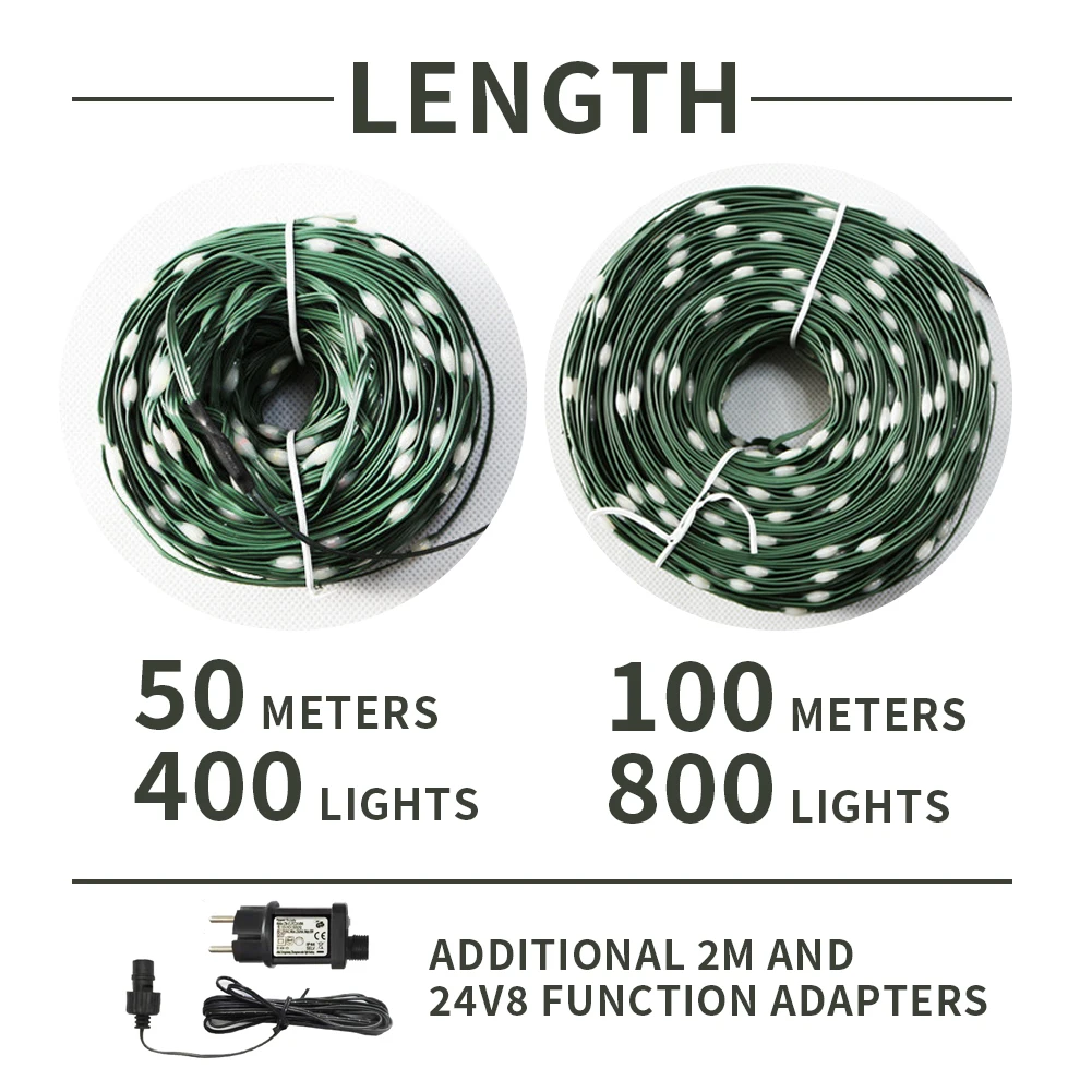 50m 100m Led Lights 8modes Festoon Waterproof Outdoor 24V Fairy Lights Rubber-insulated Wire String Lights Garden Decoration