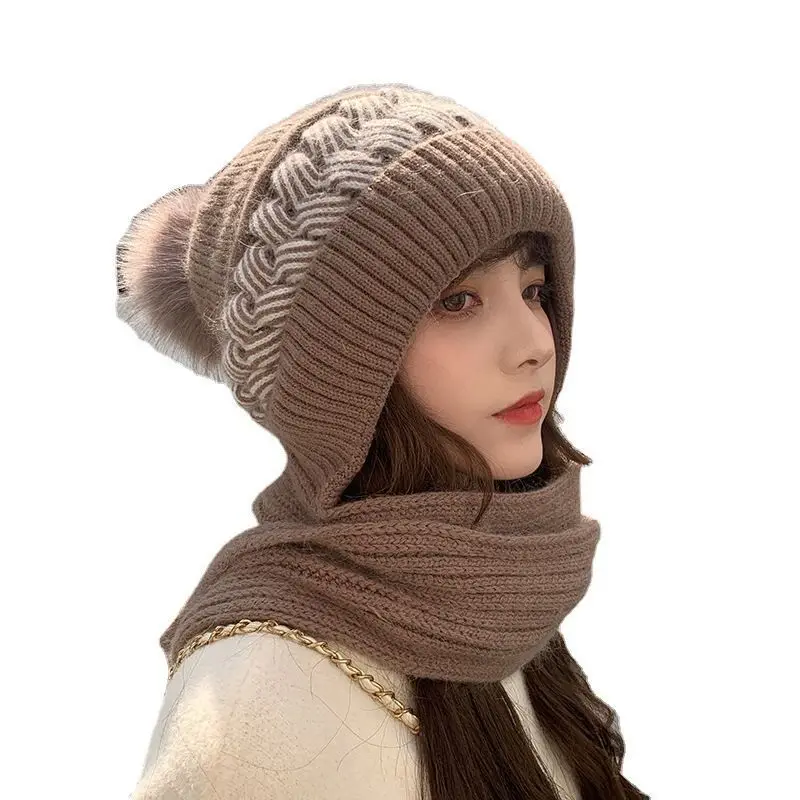 Hat scarf one female Korean version of winter warm rabbit hair cycling ear protection plus cashmere cute cold knit hat