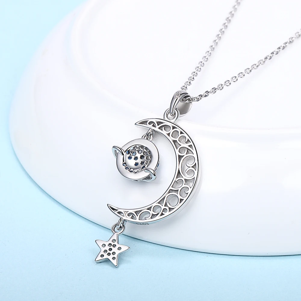 Wholesale 925 sterling silver inlaid blue zircon delicate and lovely half moon planet star tassel shape ladies necklace