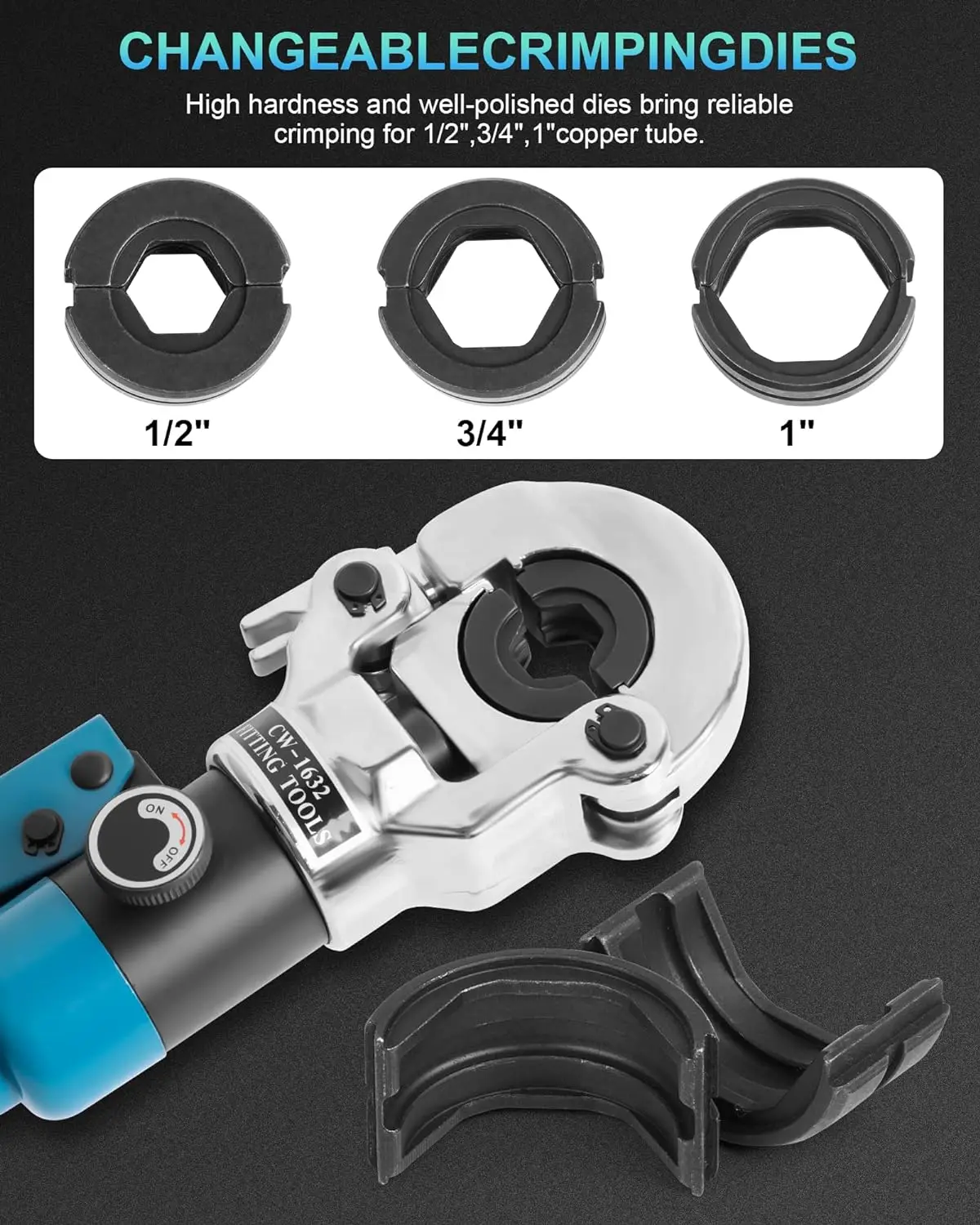 Hydraulic Stainless Steel Crimper Kit with 1/2' 3/4' 1' Jaw Tee Copper Fitting Pex Pipe Press Crimping Tool for Narrow Spaces