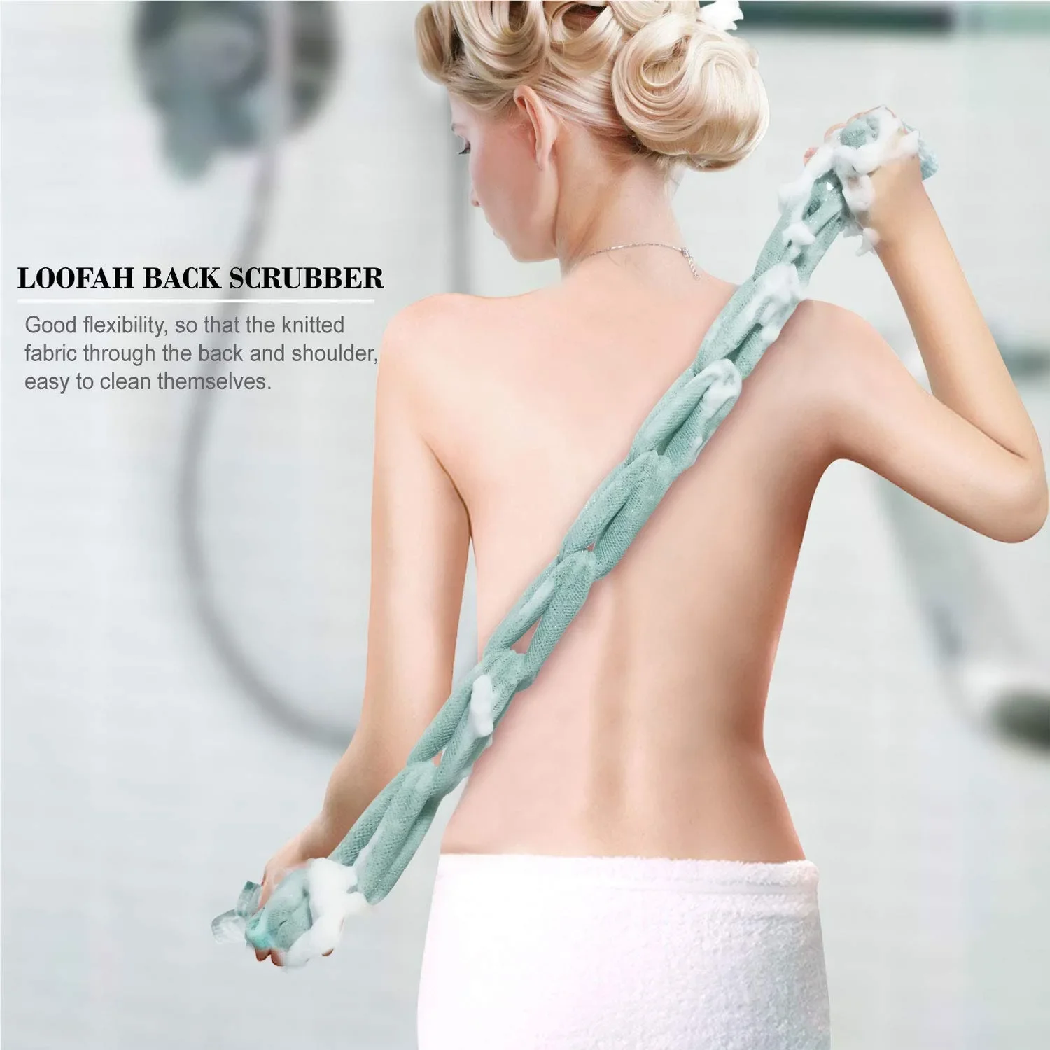 Long Stretch Back Sponge With String Handle Back Scrubber Bath Sponge Loofah Exfoliating Stretch Woven Loofah