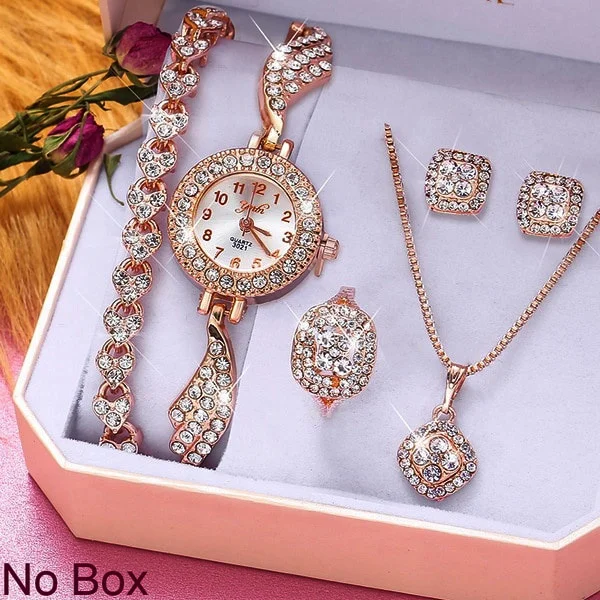 Роскошные Bling Diamond кварцевые женские часы набор из розового золота ювелирное изделие подарок леди комплект