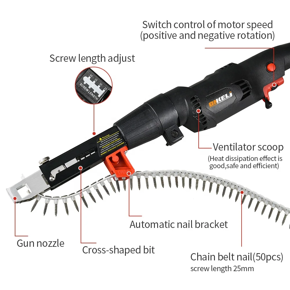 Automatic Electric Chain Belt Screw Gun with Chain Belt and 50pcs nails