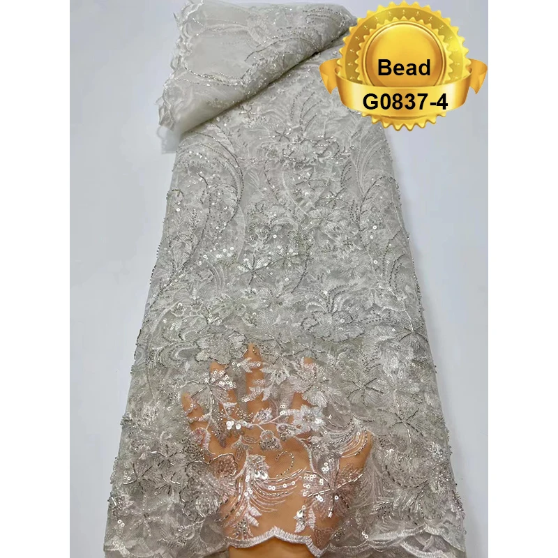 Guangzhou best quality lady dress machine beads 100% polyester french sequin lace fabric embroidery