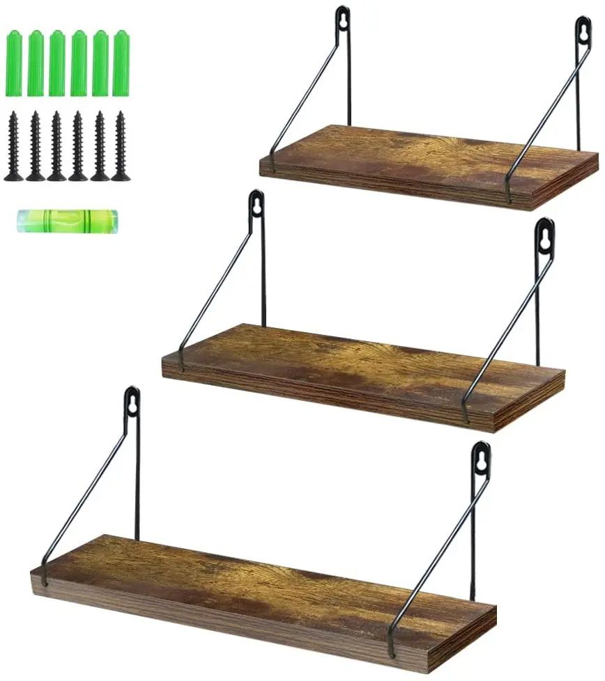 
Floating Shelves Wall Mounted Set of 3, Wood Wall Shelves with Black Metal Brackets, Storage Rack for Living Room/Kitchen/Bathro 