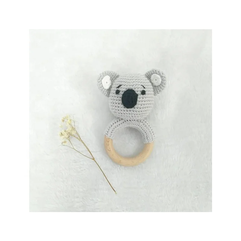 Hot Sale Natural Knitting Wood Teething Diy Cartoon Koala Shape Animals Baby Crochet Rattle Ring Teether