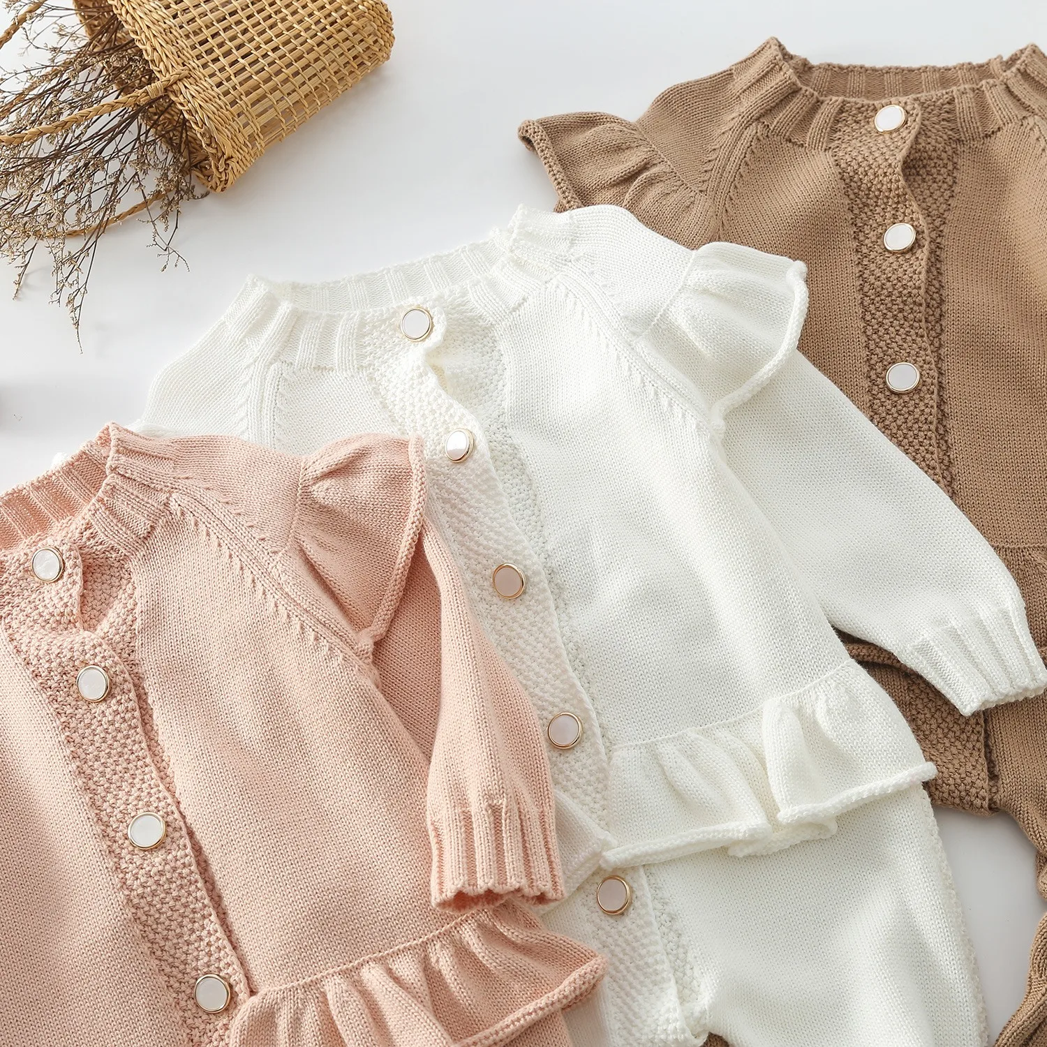 Xiximi 100%Cotton Autumn And Winter Baby Girls Long Sleeve Overall Ribbed Romper Cotton Wool Knitted Jumpsuit Fairy Romper