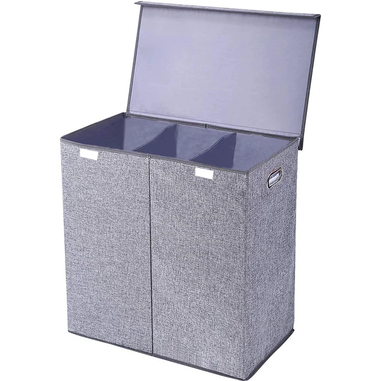 Three Compartments Folding Laundry Hamper 3 Section Storage Box Container With a Lid Basket Two Metal Handles