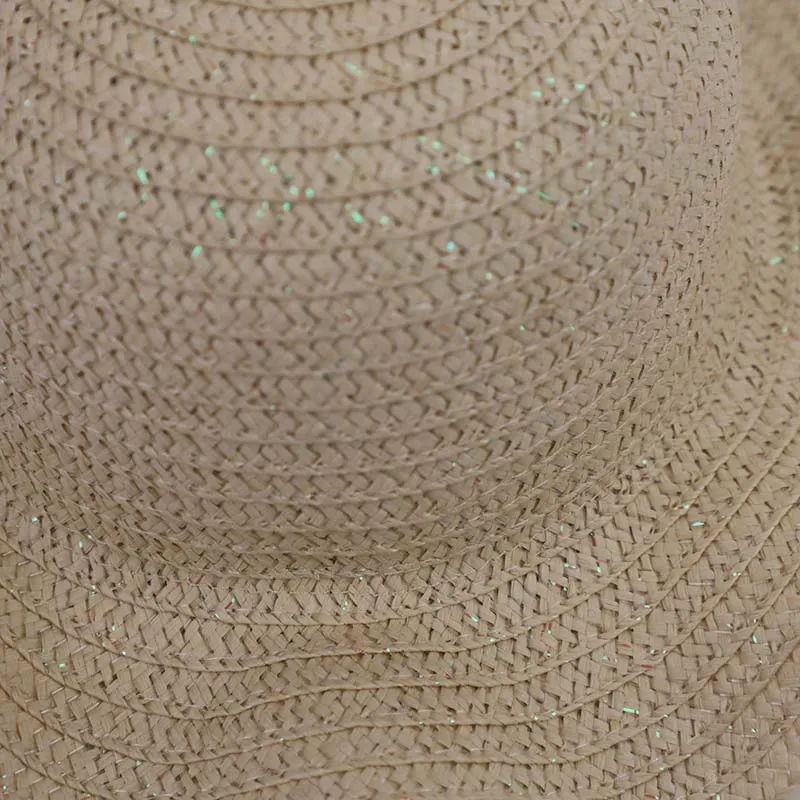 Fashion Summer Beach Boater Hat Solid Color Short Brim UPF UV Straw Hat With Golden Thread Flower Wavy Brim For Women Children