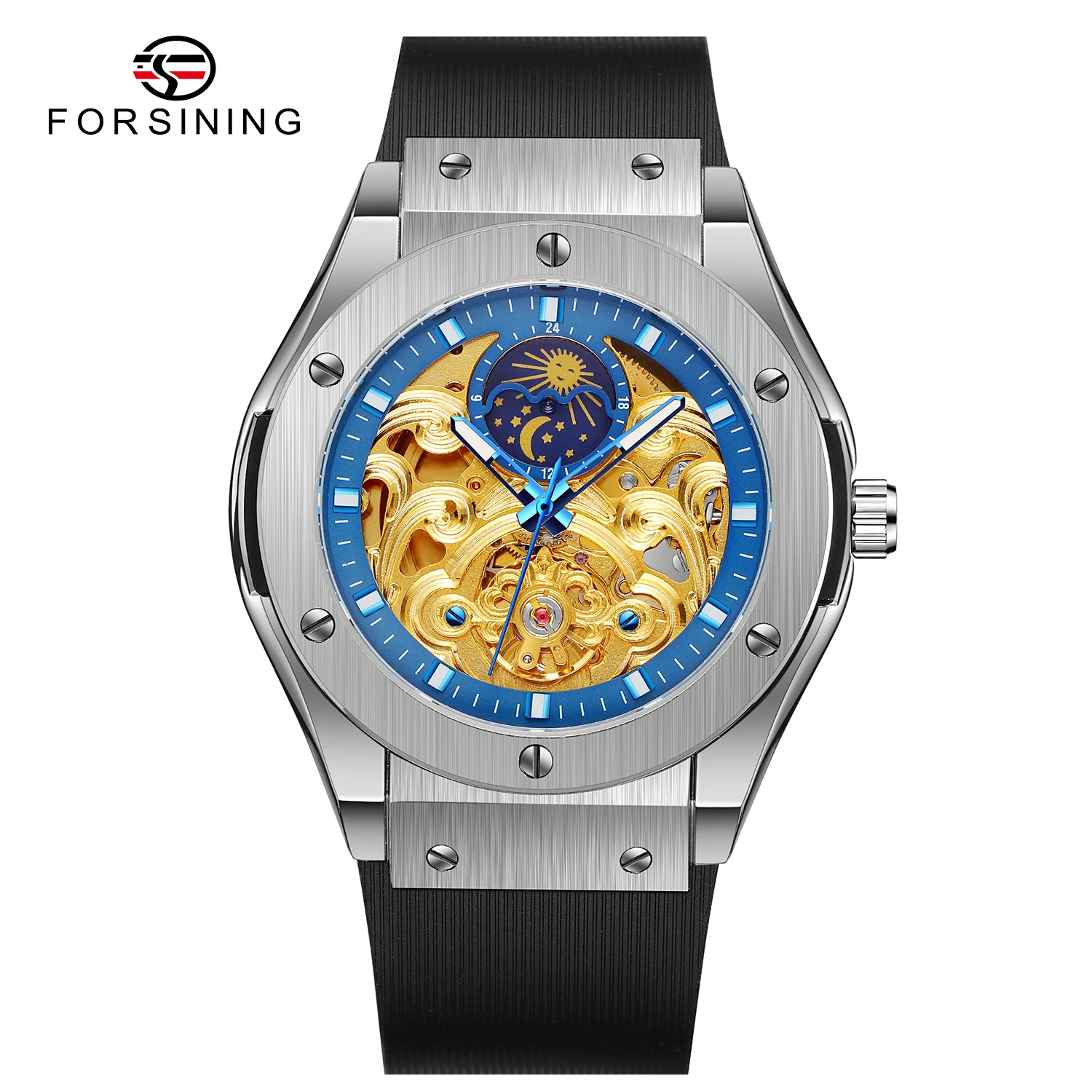 FORSING Top Luxury Brand Men Automatic Mechanical Watch Golden Metal Series 3D Skeleton Dial Moon Phase Male Wrist Watches