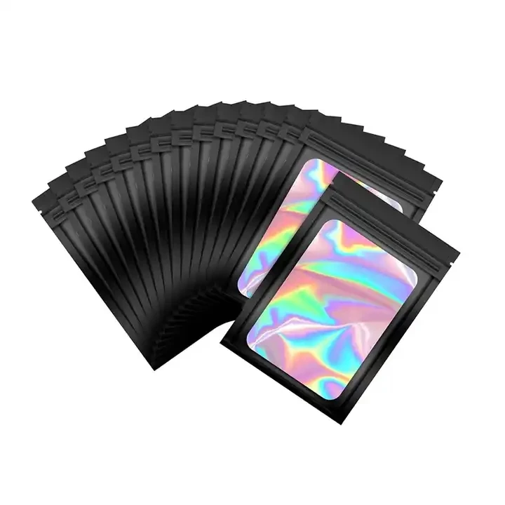 Resealable zipper smell proof food grade aluminum foil sachet black  holographic small pink custom logo mylar bags with window