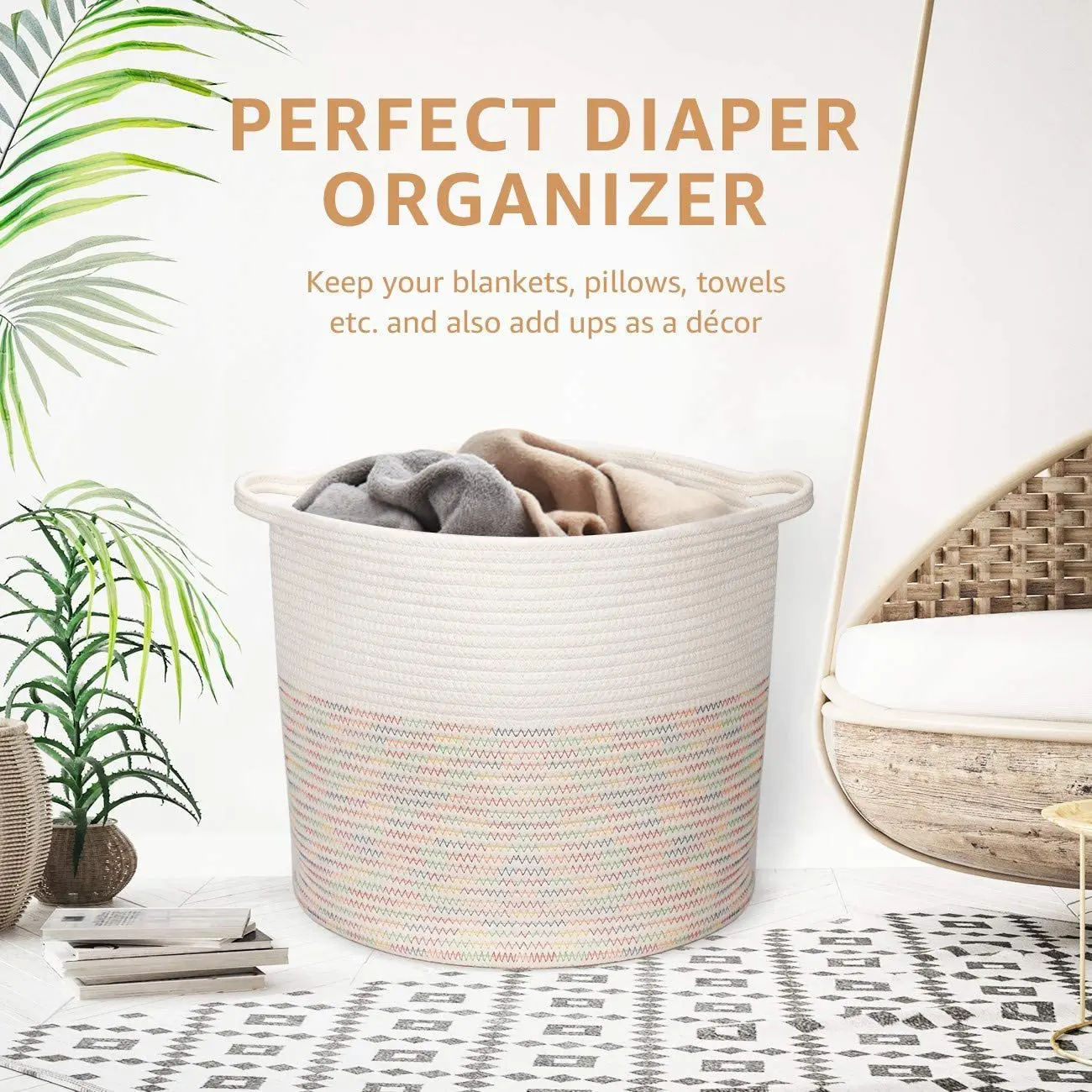 Woven Baby Laundry Basket for Blankets Toys Storage Basket with Handle Comforter Large Cotton Rope Basket