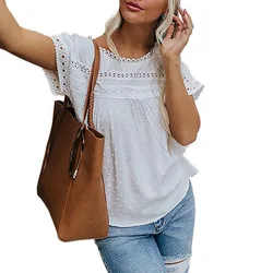 European And American Round Neck Shirt Lace Crochet Pompom Short Sleeve Casual Tops