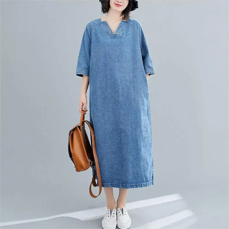 Wholesale Blue A-Line Loose Half Short Sleeve Solid Casual V Neck Fashion Long Cotton Denim Maxi Dress Women Slits With Pockets