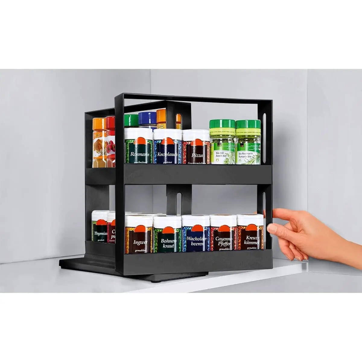 Spice Rack, Standing, Extendable, 2 Tiers, No Drilling, Lots of Storage Space, Shelf for Kitchen, Plastic, Black