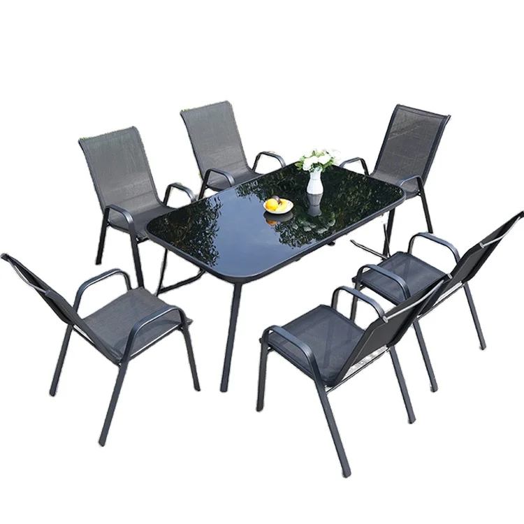 Nordic Outdoor Patio Garden Balcony Cafe Restaurant Leisure Metal Tempered Glass Top Table and Chair Set