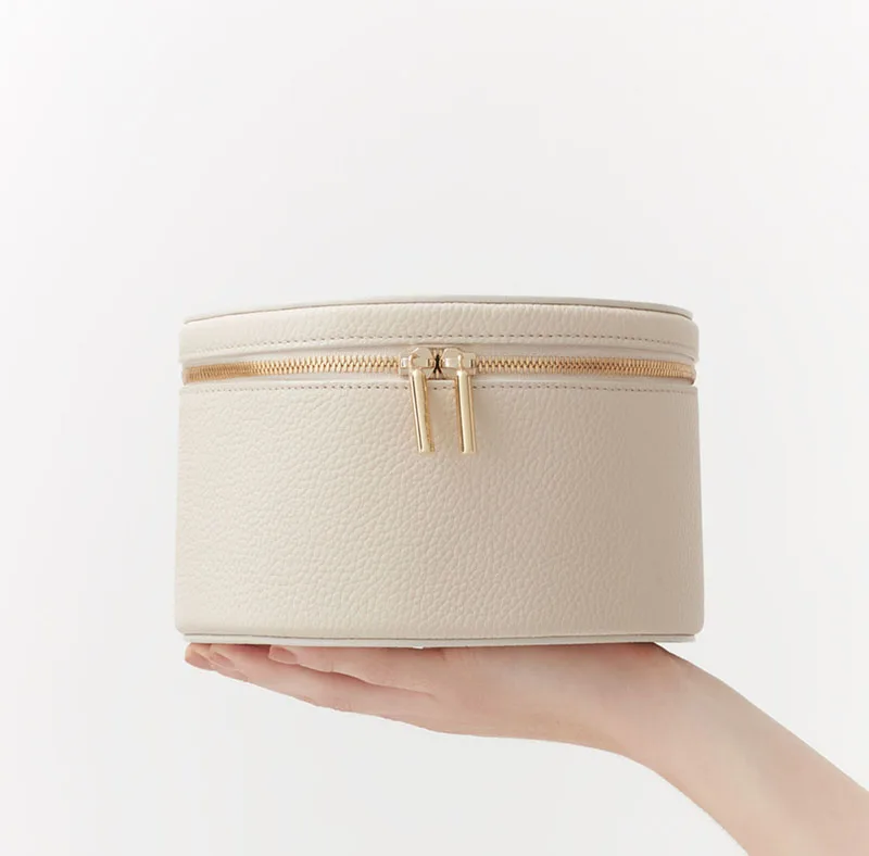 Large leather beauty makeup case jewelry box organizer skincare cosmetic bag round travel bags