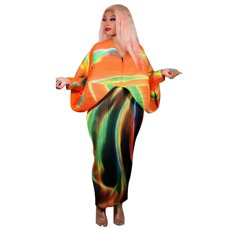 Channel Hot Sale 2023 V Neck Bat Sleeve African Print Turkey Pleated Midi Dresses Women Lady Elegant