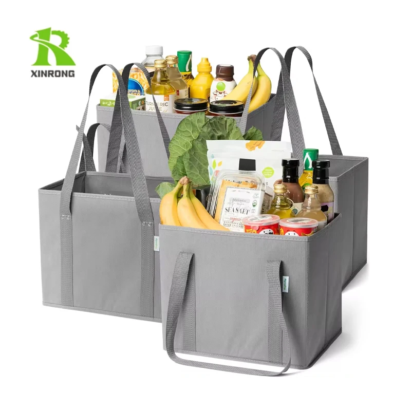 Reusable Grocery Bags Foldable Shopping Bags for Groceries with Box Shape to Stand Up and Stay Open