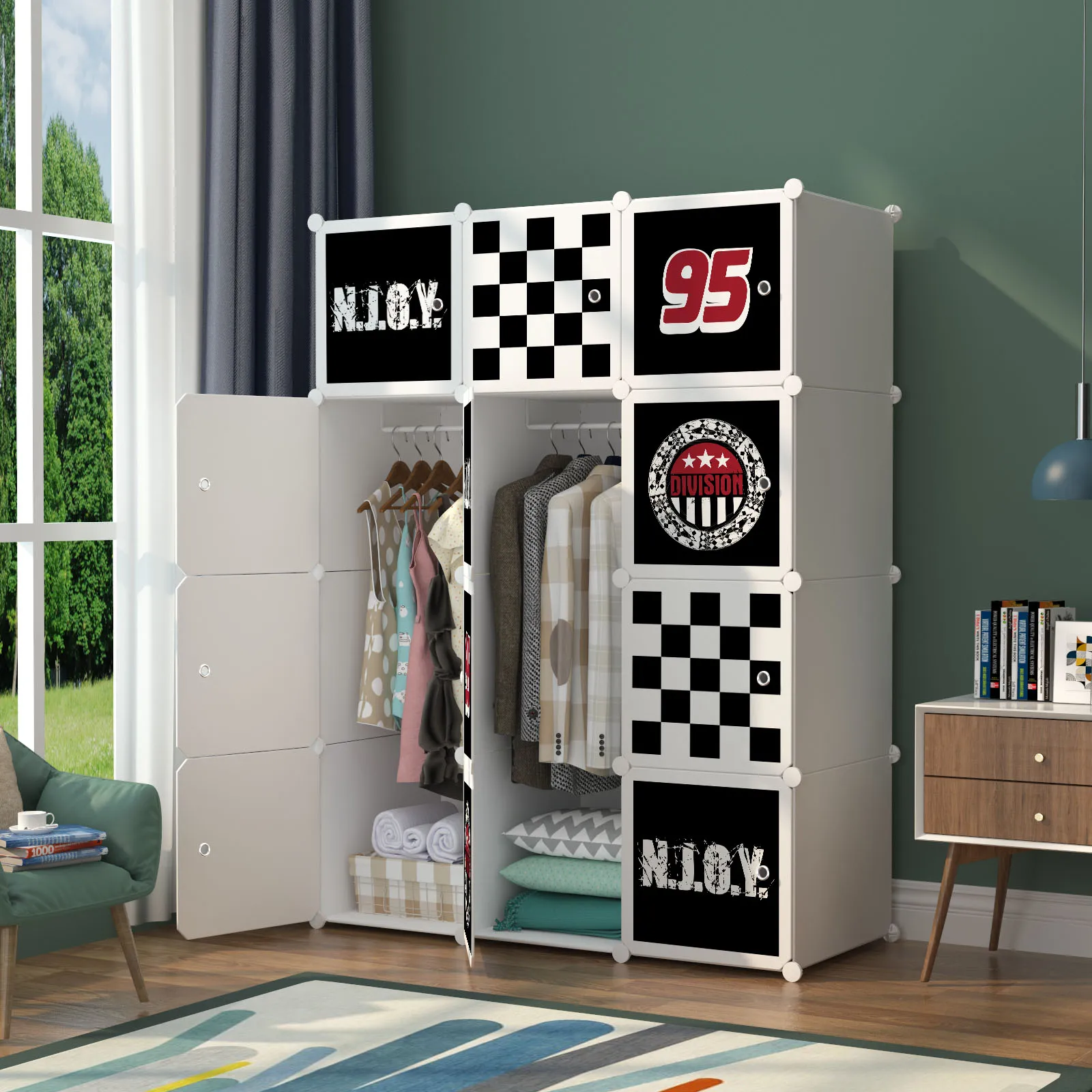 12 Door Portable Bedroom Garderobe  Black DIY Plastic Clothing Wardrobe Cabinets