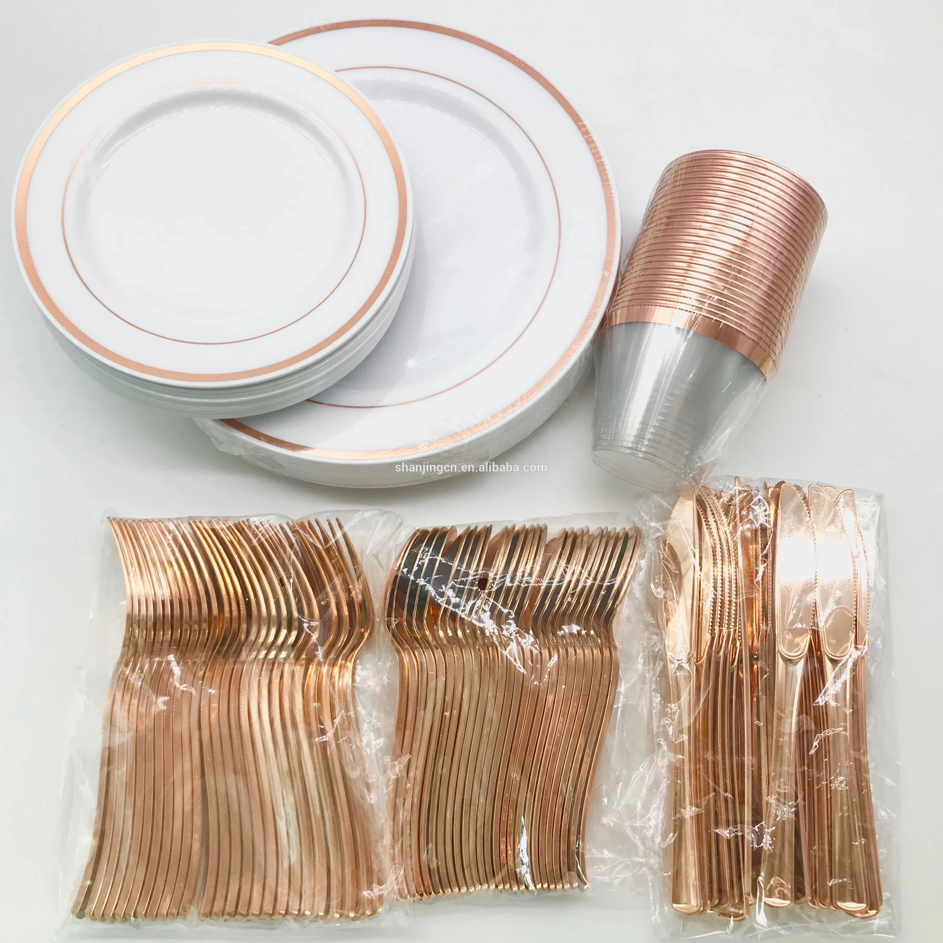 150pcs rose gold dinnerware set-25 Pack Rose Gold Rim Disposable Plastic Dinner Plates Sets for Wedding