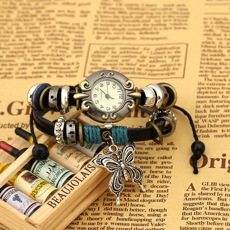 2022 Vintage Fashion Braided Leather Ladies Watches With Bracelets Butterfly Pendant Wrist Watches for Girls