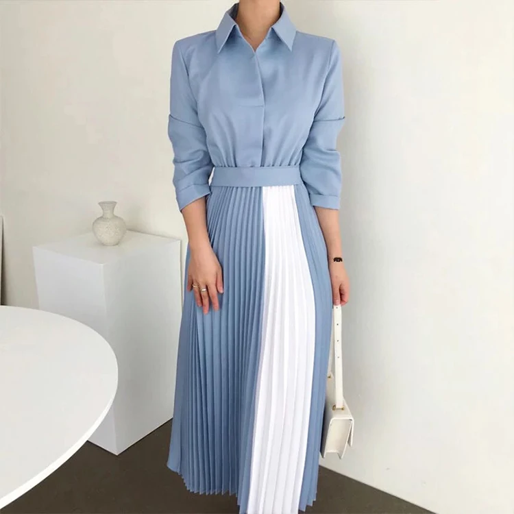 Chic Long Sleeve Patchwork Printed Pleated Knitt Sweater Dress Career Turkey Women Ladies Elegant Wear Office Dresses With Belt
