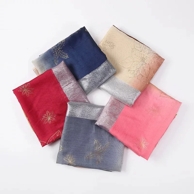 Fashion Malay Tudung Bawal Ladies Satin Silk Gold Stamping Hijab Scarf Double Color Stitching Headscarf Shawl
