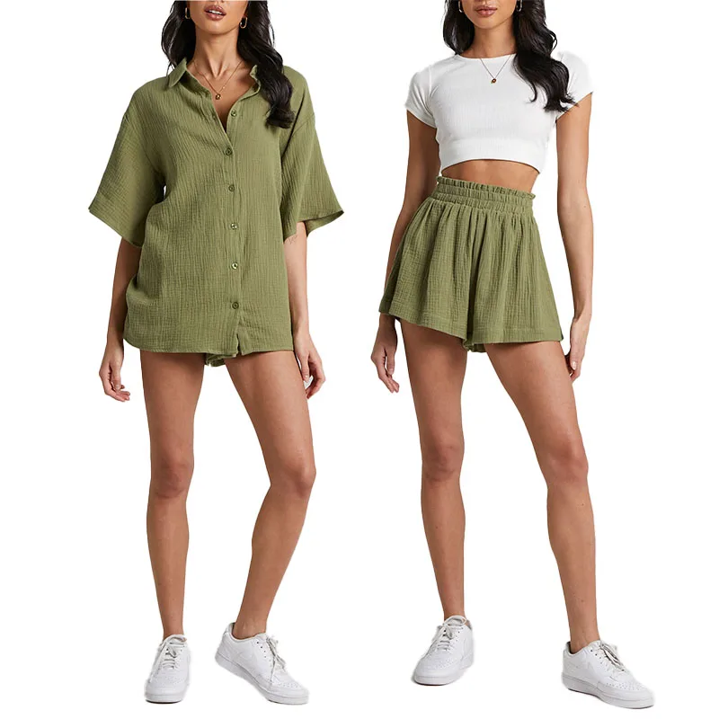 Boxy High Quality Muslin Shirt Set Custom Women Loose Drop Shoulder Button Up Shirt And Elastic High Waist Muslin Shorts Set