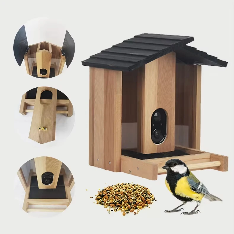 Solid Wood Visual Birdwatcher Smart Bird Feeder with Camera Automatic Bowl feeder for Food Plastic Material