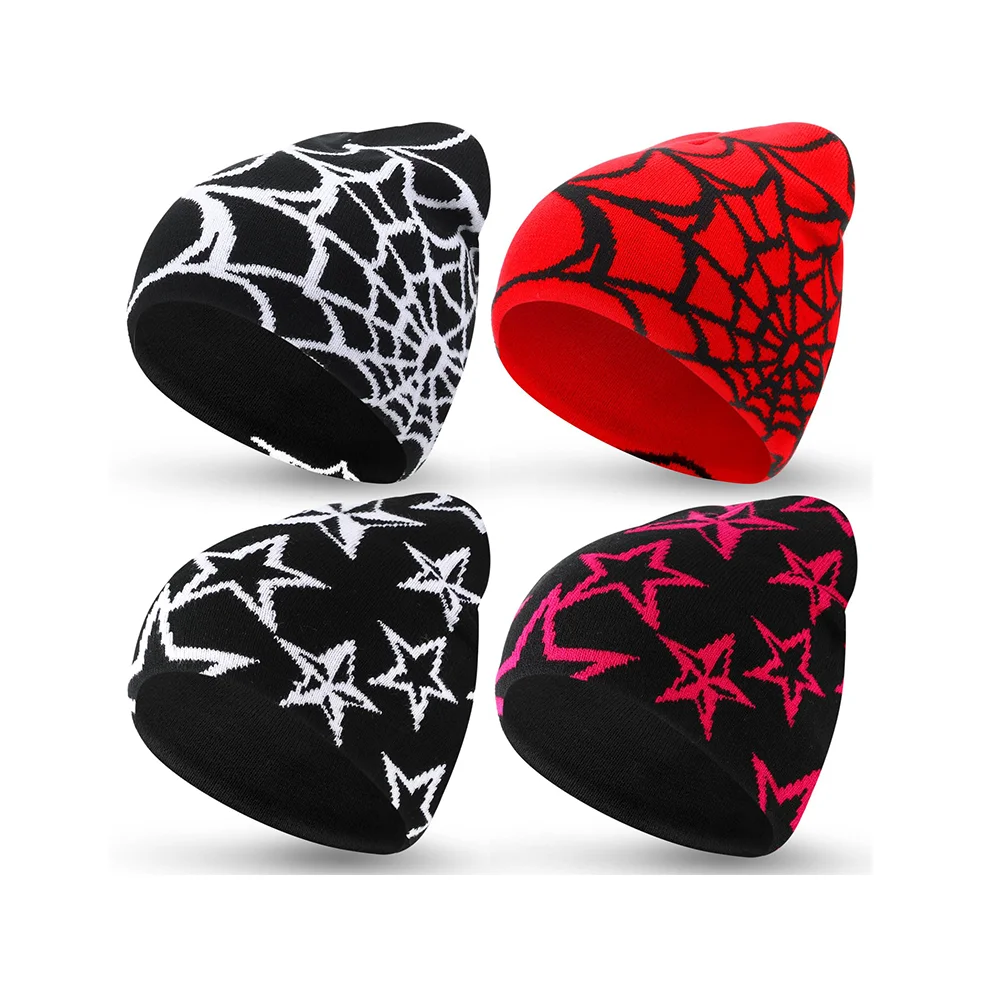 Wholesale Hot Sale Beanie Customized Knitted Beanie Hat All Over Print Unisex Colorful Acrylic Hats Jacquard Spider Web Beanies