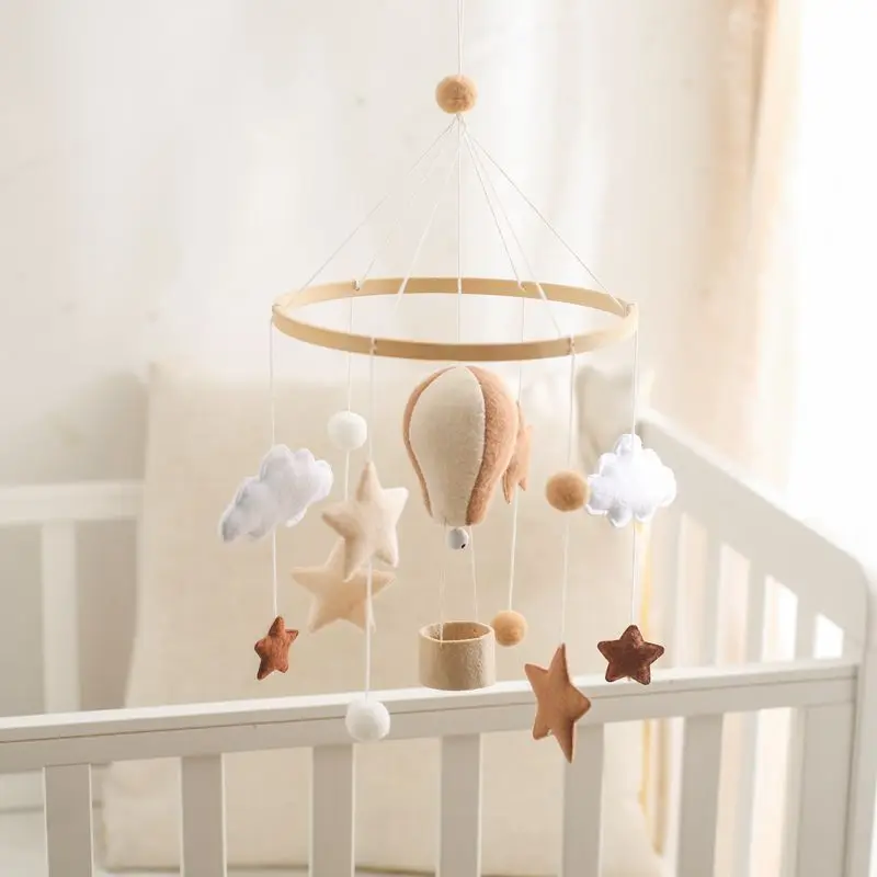 Brown Hot Air Balloon Hanging Toy Soft Toy Wooden Frame Handmade Felt Baby Mobile