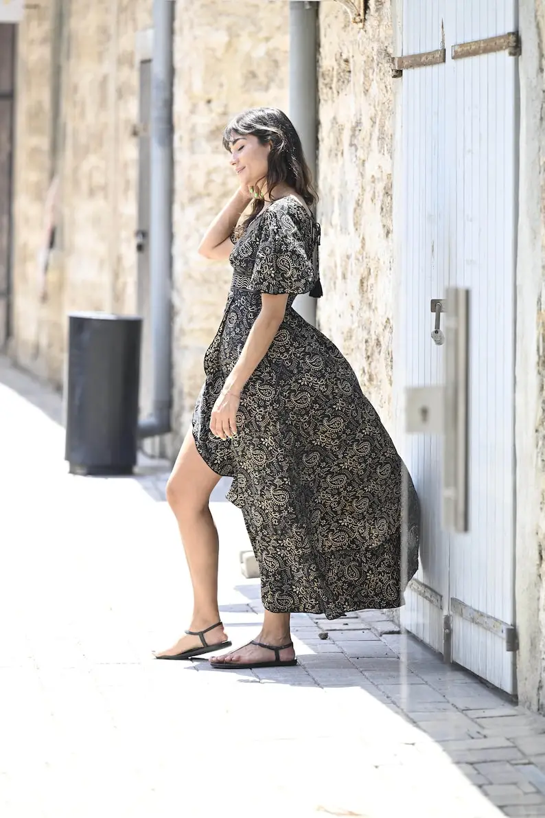 Ladies printed silk long dress Vintage design dress bohemian women New Vacation V neck boho printed casual dress