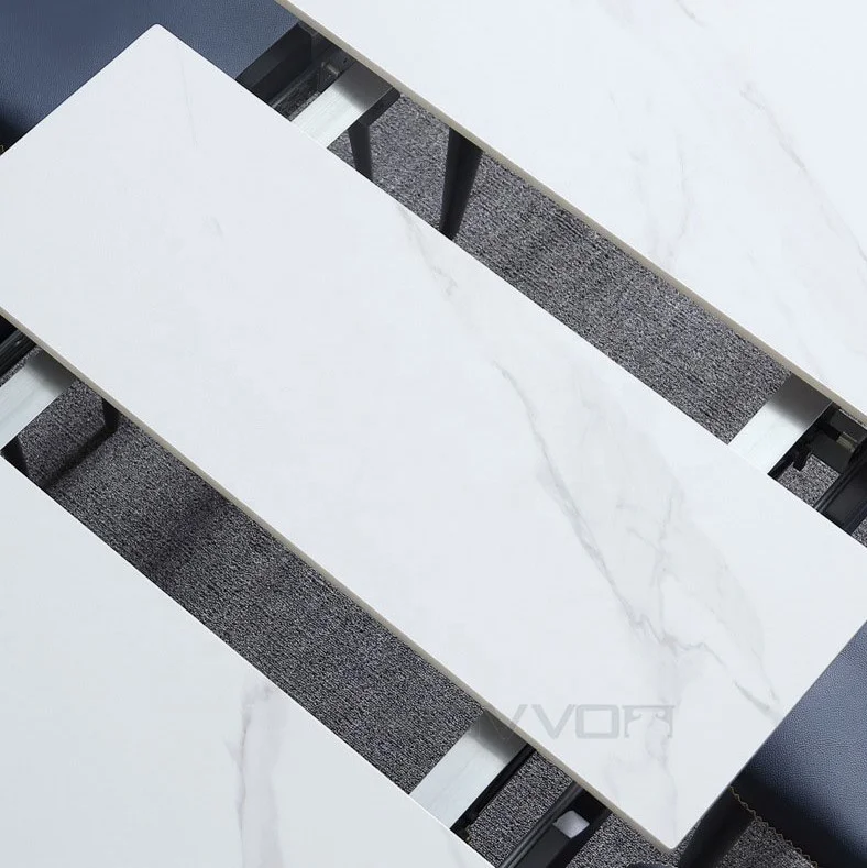 Metal Feet Glass Top Extendable Dining Table Imported Ceramic Cheap Strong Modern Home Furniture Dinning Room Dinner Table 10pcs