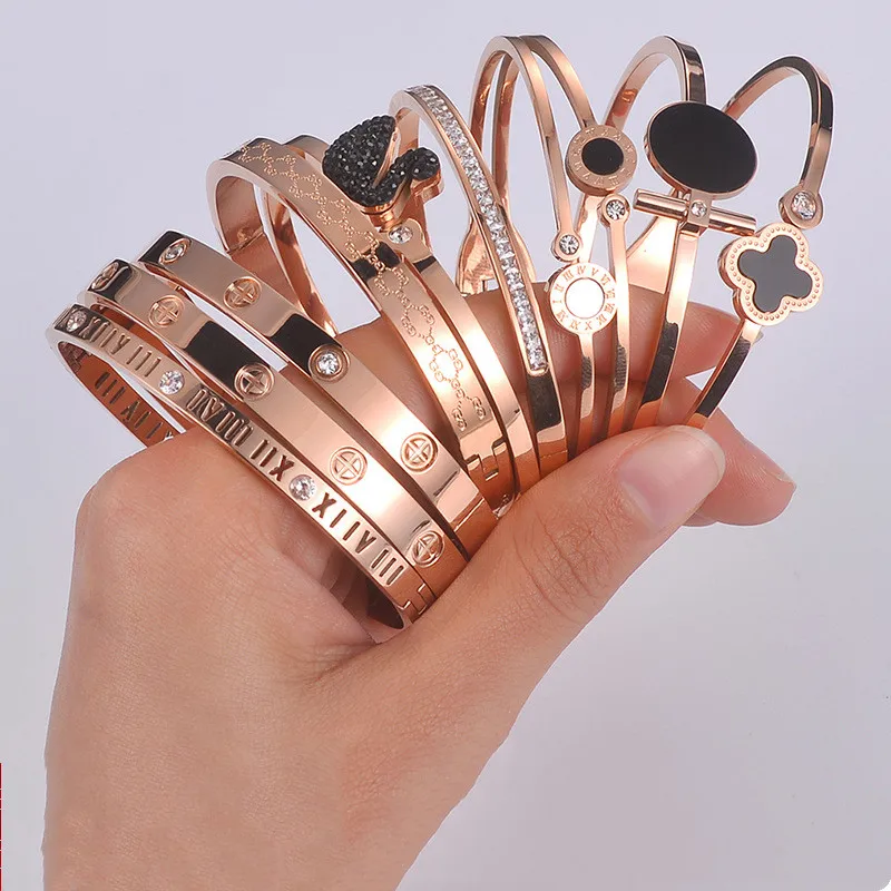 Wholesale Factory Direct Sale Rose Gold Tranish Free Stainless Steel Jewelry Rose Gold Roman Numerals Bangle