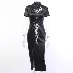 Black Cheongsam Modern Dress With Split Dragon Embroidered Maxi Dress Elegant Casual Chinese Dresses