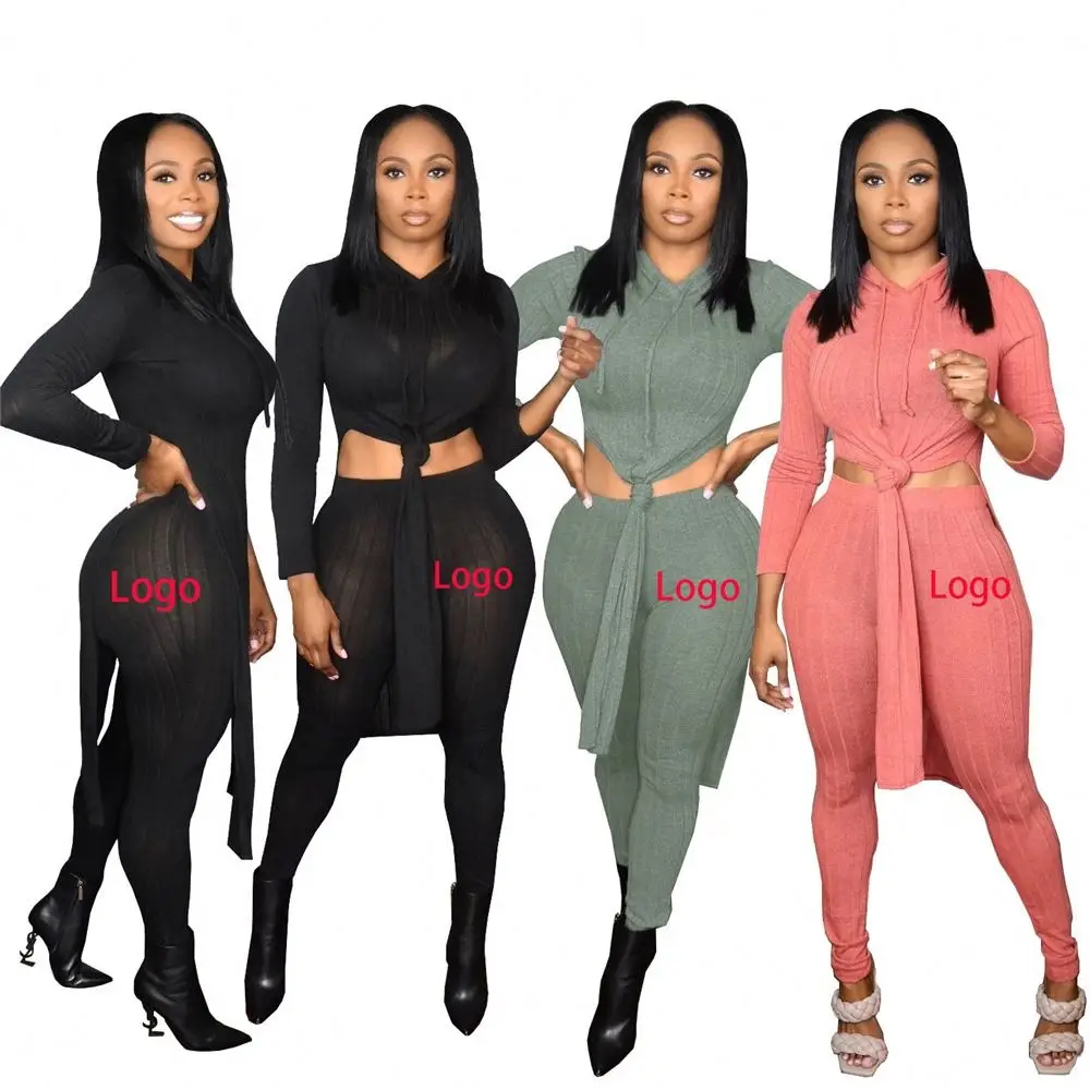 New Arrival 2021 2 Piece Sets Women Solid Color Personality Dovetail Fashion Hooded Hanging Stripe Two Piece Suit