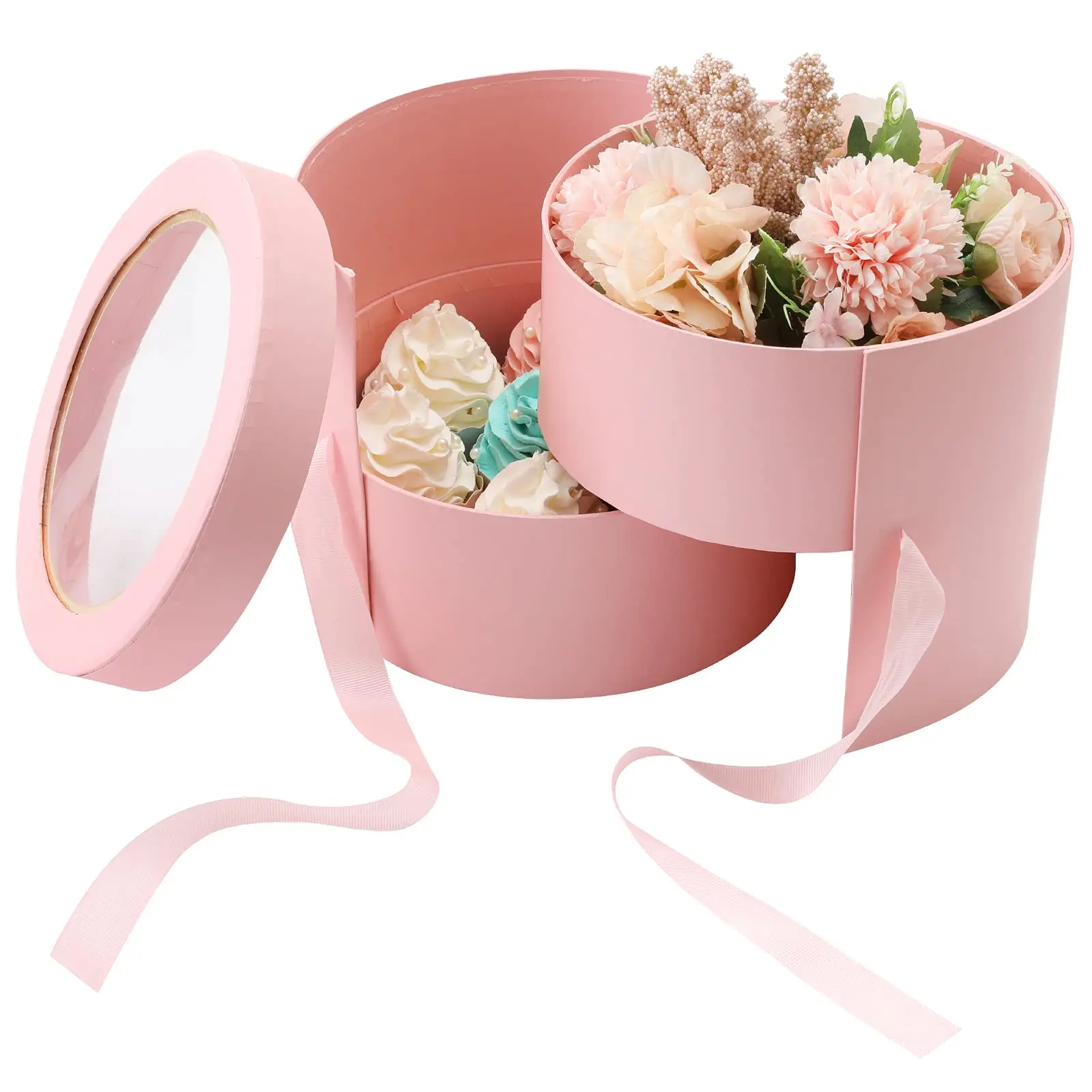 Оптовая продажа подарочных коробок на День святого Валентина розовые двухцилиндровые круглые конфеты день рождения печенье кекс Цветочная коробка для букетов