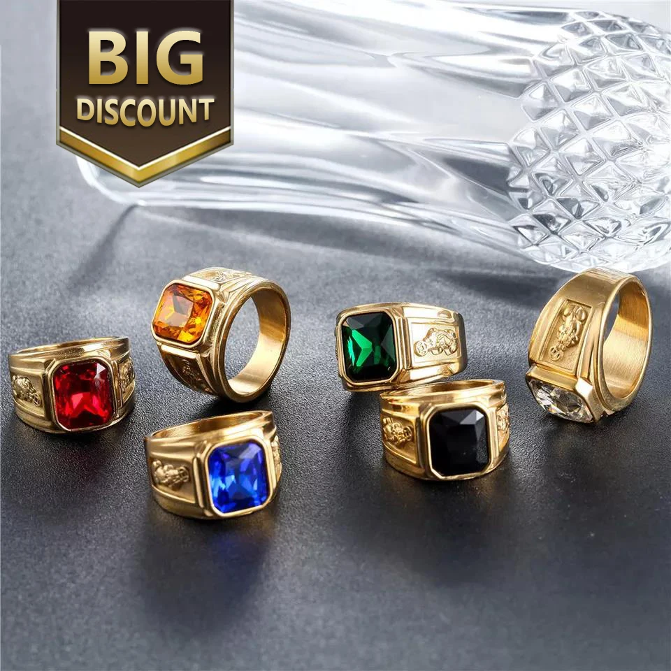 Anillo Piedra Roja Punk Gemstone Chunky Engagement Stone Stainless Steel White Blue Red Crystal Golden Mens Birthstone Ring