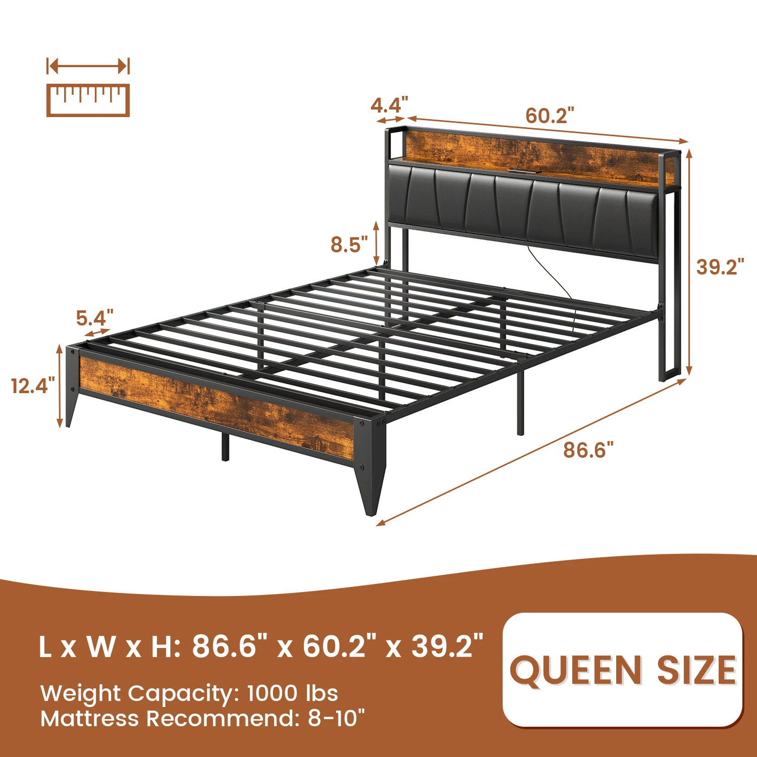 Modern Queen Size Metal Platform Bed Frame with Wood Headboard & Footboard Steel Slats & Storage for Bedroom