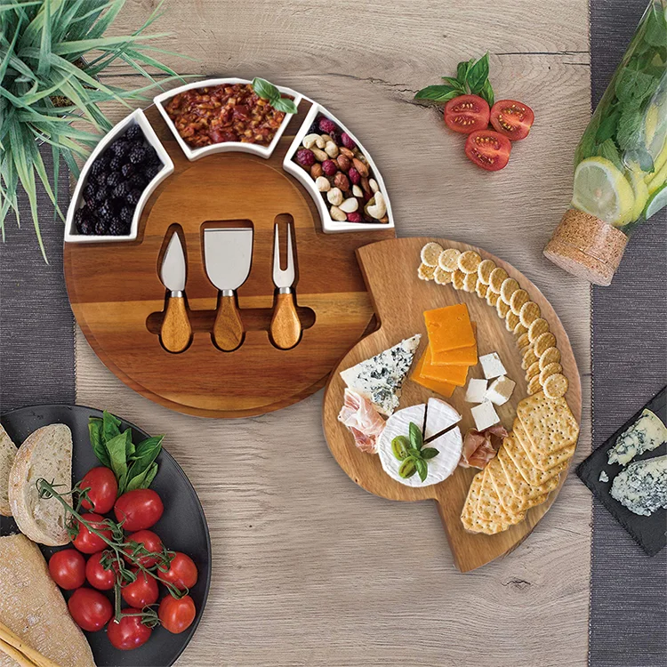Round Cheese Tool Set Wooden Cheese Board With Cheese Knife And Bowls Server Plate