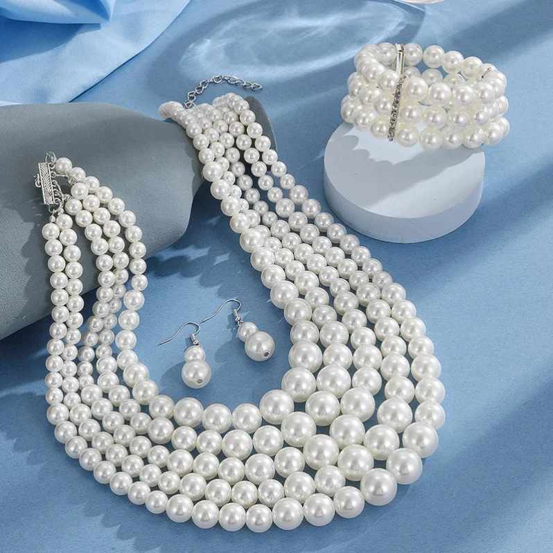 Wholesale multilayer Layers Pearl Necklace Earring fashion Jewelry Set For Women Party Exaggerate Big Pearl earrings Jewelry Set