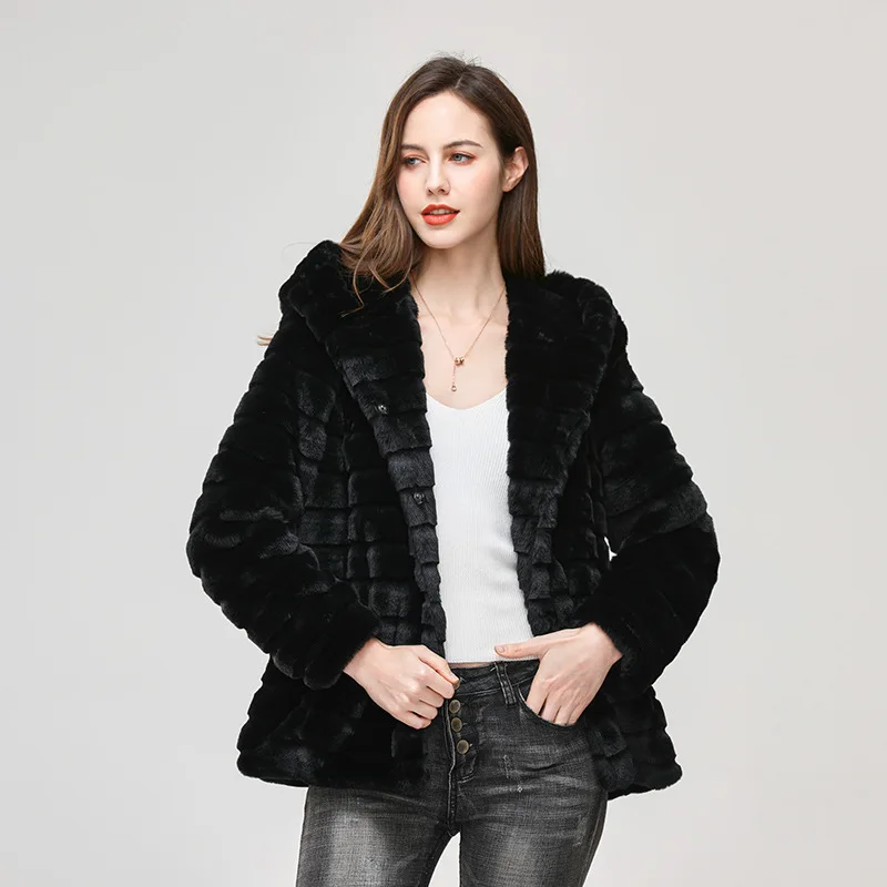 DAMOCHIC Wholesale Faux Fur Coats for Ladies Hooded Casual Loose Thermal Jacket Long Sleeve Winter Plus Size Mink Coat 2022