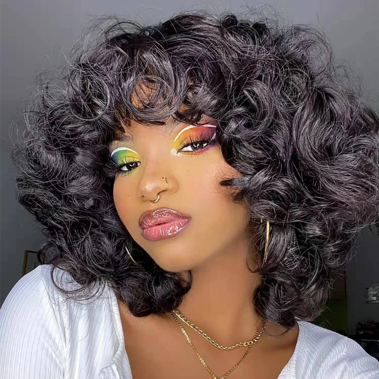 Short Curly Wig With Bangs 180% Density Double Drawn Human Hair Wig Machine Made Human Hair Short Curly Bob Wigs With Bang