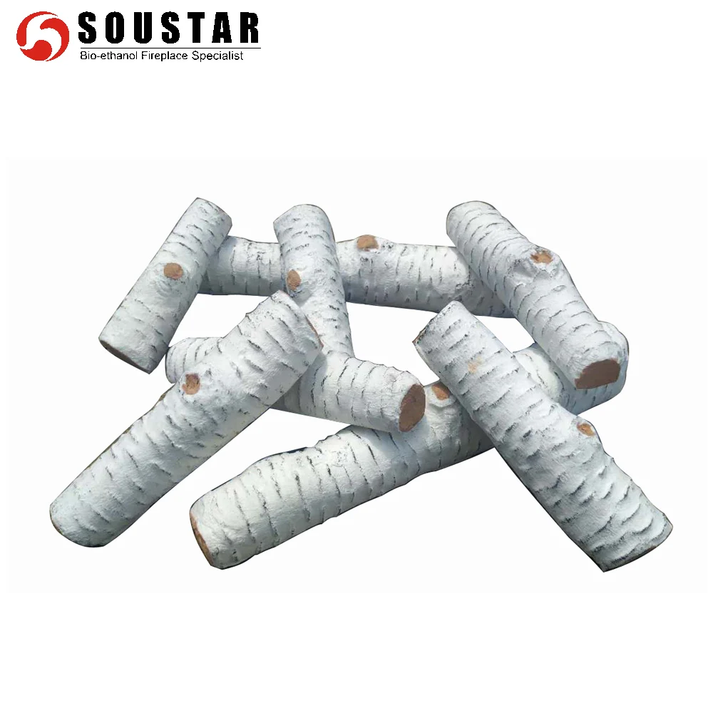 Ceramic Wood Fireplace Accessories Birch Logs Designed to Look like Cobbles & Pebbles