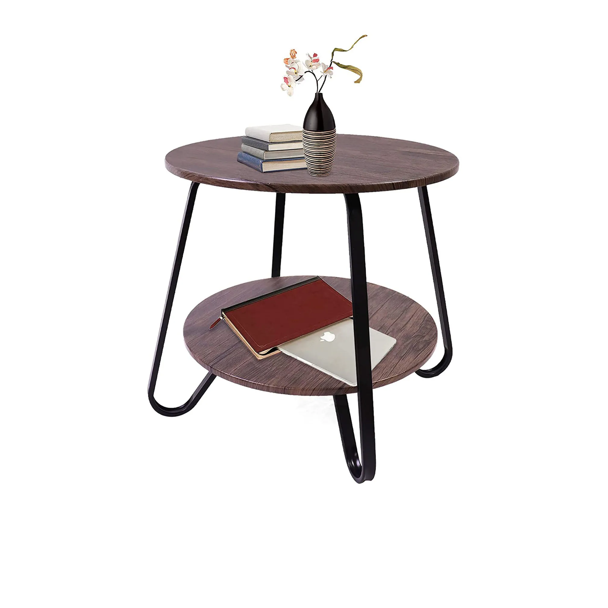 Small Round Coffee Table 2 Tiers Side  Rack Wood Table  for Living Room/Bed Room/Kitchen Room, Metal Frame Brown 18inches