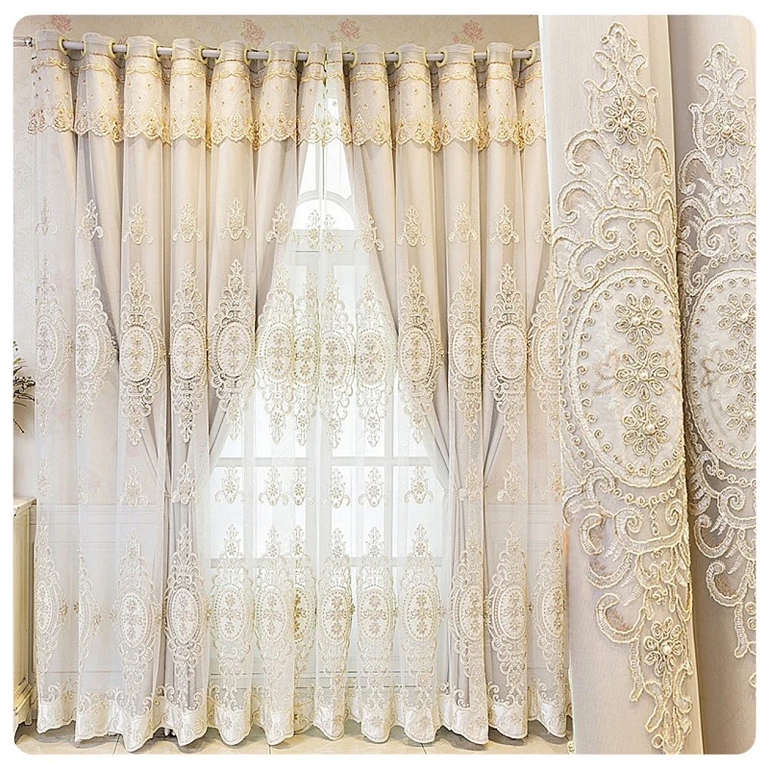 Luxury European Beads Embroidered Patch Sheer Curtains Blackout Curtains Color-B Double Layer Window Darpes with Sheer Overlay