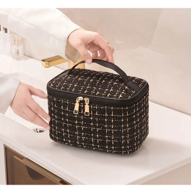 Travel Striped Makeup Bag Large Cosmetic Case Organizer Fits Bottles Vertically Top Layer Cosmetic Bag