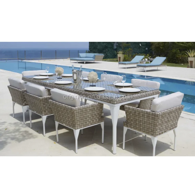 Luxury wide rattan woven home banquet furniture chair and outdoor dining table set 8 seater